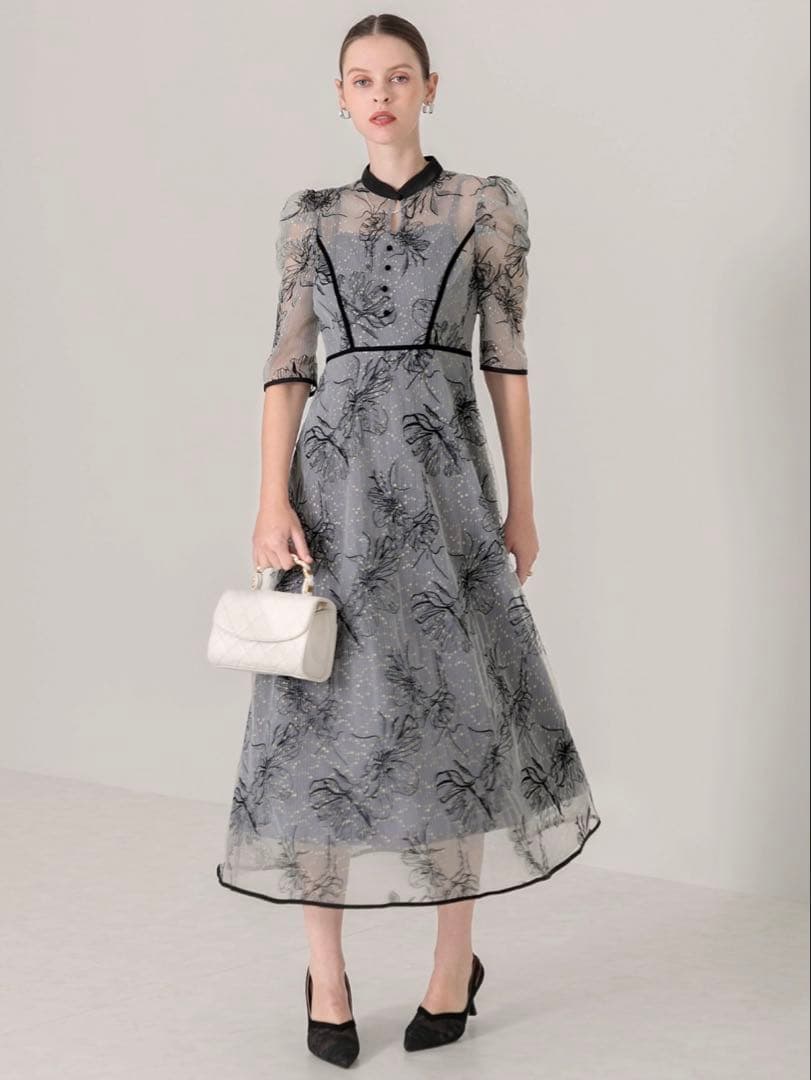 パイピングハイネック花柄ラメレースワンピースドレス結婚式パーティー成人式二次会