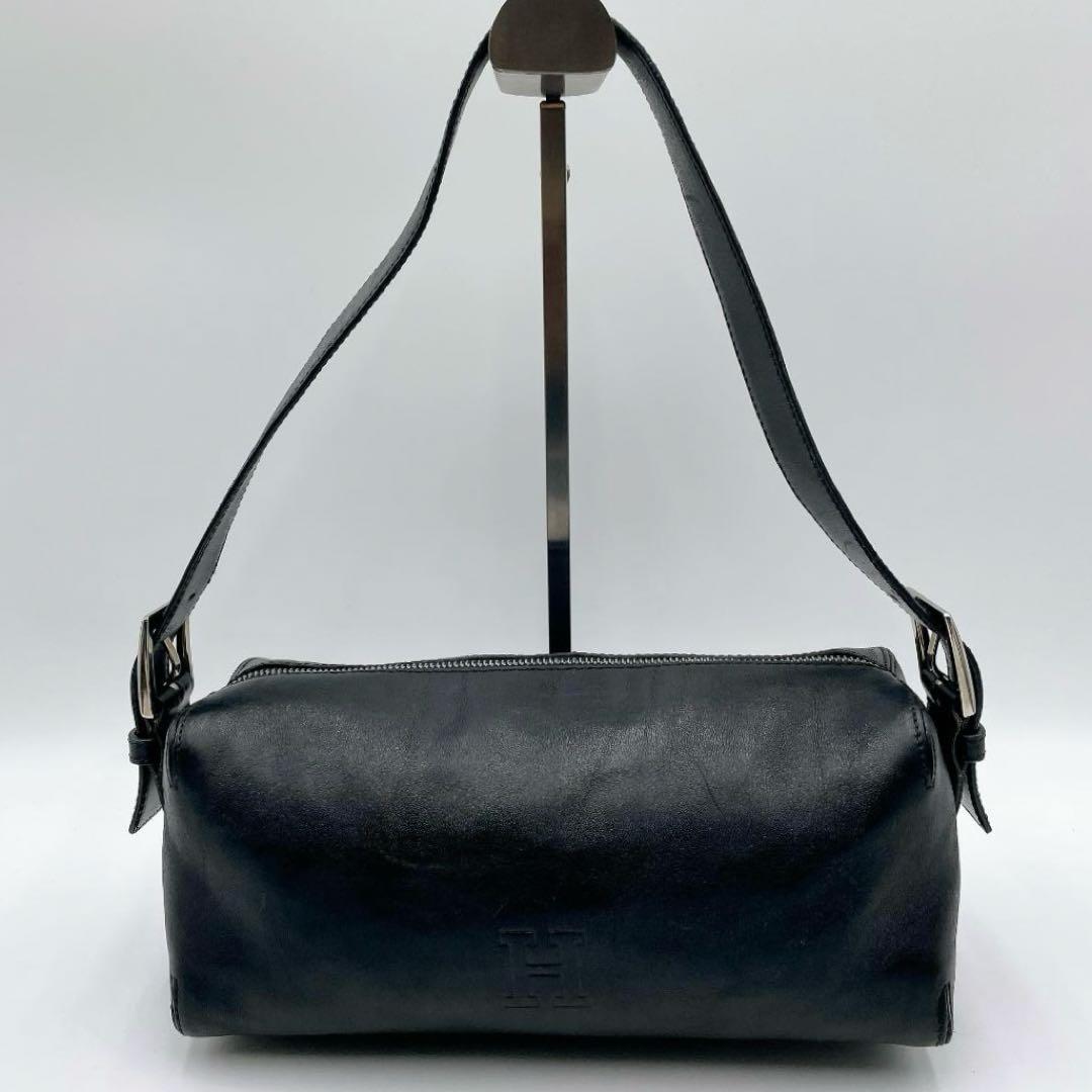 良品 HIROFU オールレザーワンショルダーバッグ 筒型 Hロゴ 黒f483