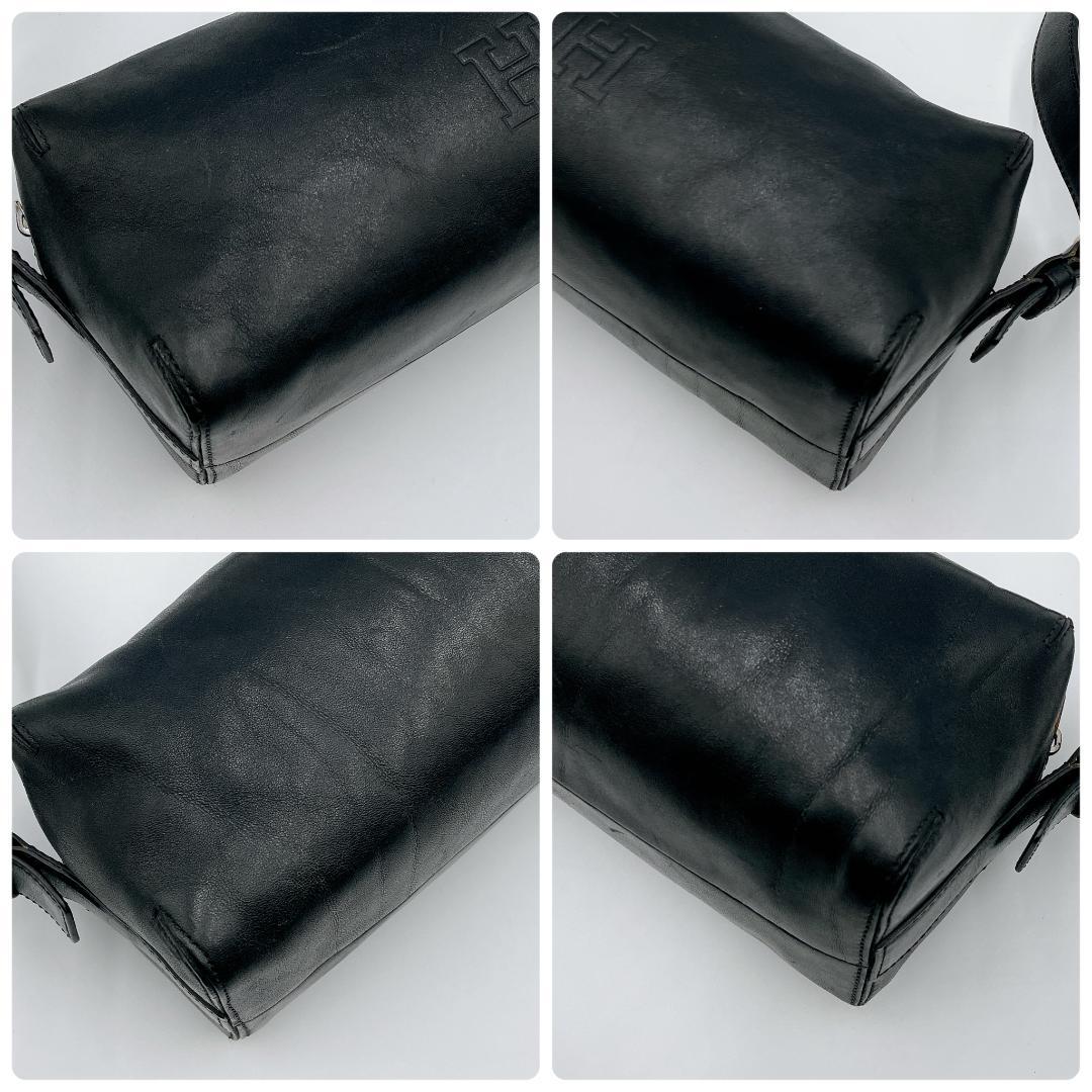 良品 HIROFU オールレザーワンショルダーバッグ 筒型 Hロゴ 黒f483