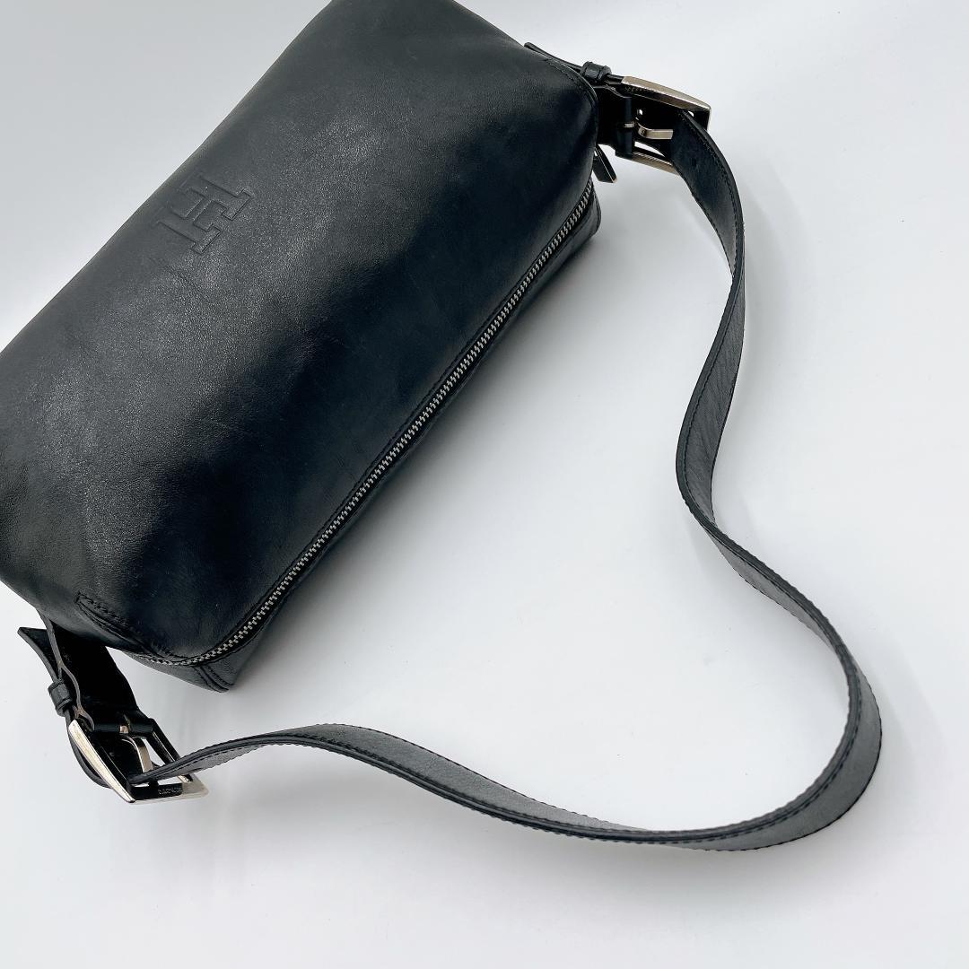 良品 HIROFU オールレザーワンショルダーバッグ 筒型 Hロゴ 黒f483
