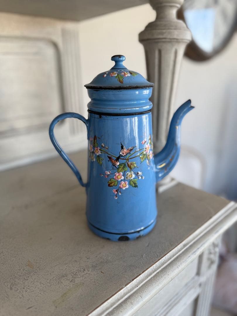 フランスアンティーク激レア！小花と小鳥のハンドペイントホーローコーヒーポット
