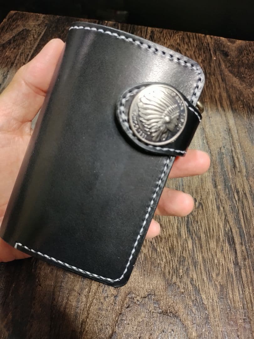 ブラック☆MiddleLeatherWalletミドルウォレット✮フラップ全縫い