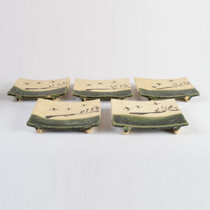 北大路魯山人作　織部焼　青織部　鳥文　四方皿　五客　時代箱　M　8981