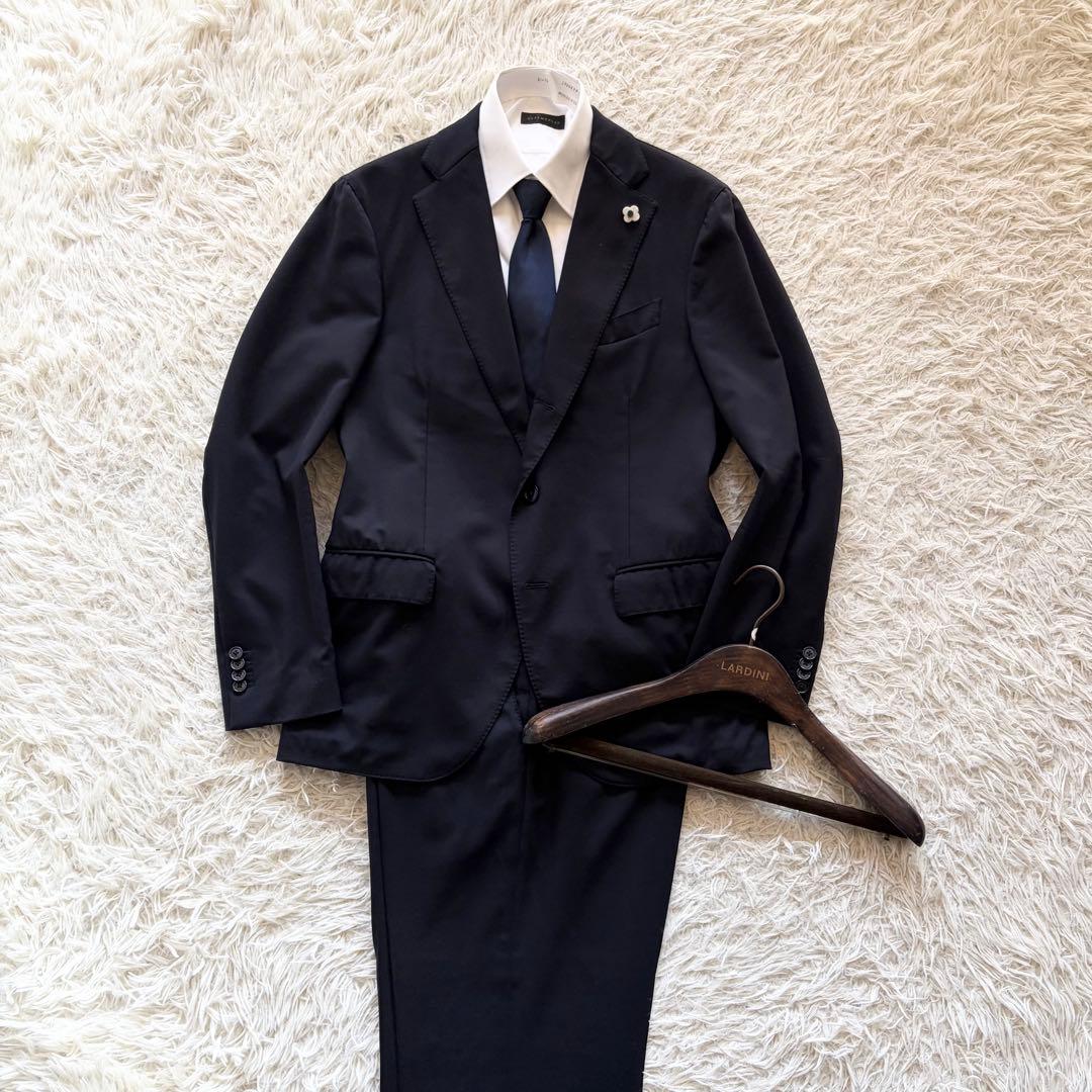 <美品>LARDINI 新ロゴ ネイビー ウール スーツ ブートニエール 48