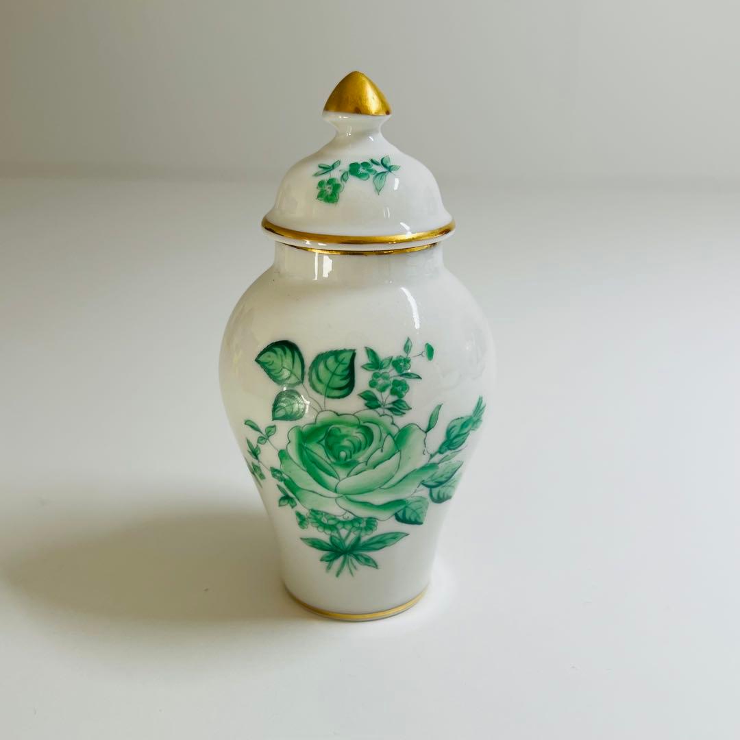 希少 Herend ヘレンド 花瓶 グリーン 薔薇 手描き 花器 飾り壺