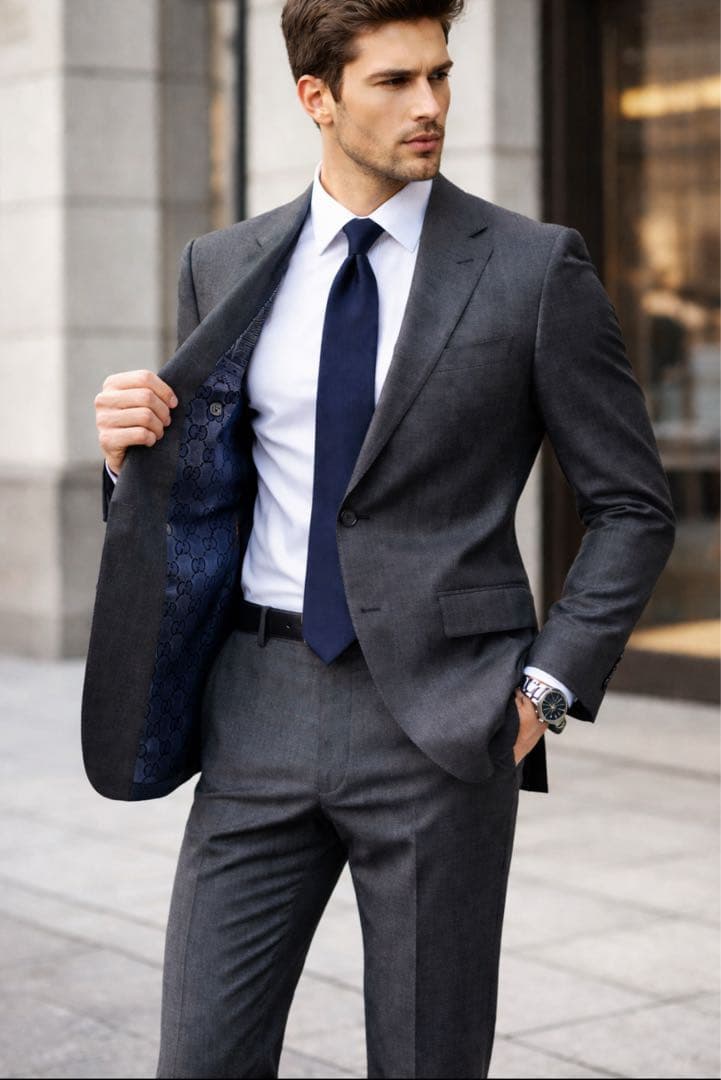 グッチ　スーツセットアップ　46R グレー系　裏地総柄　インターロッキング