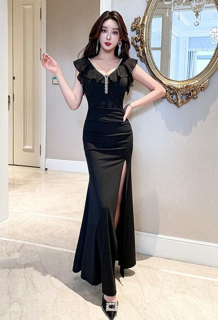 イブニングドレス Vネック レース フリル スリット キャバ嬢【選べる2色】