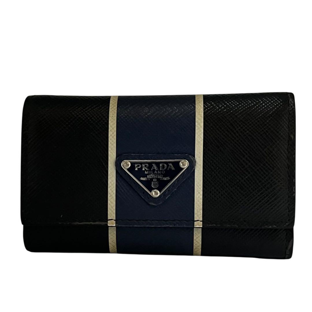希少✨プラダ キーケース 6連 サフィアーノレザー PVC 三角ロゴ 黒 青
