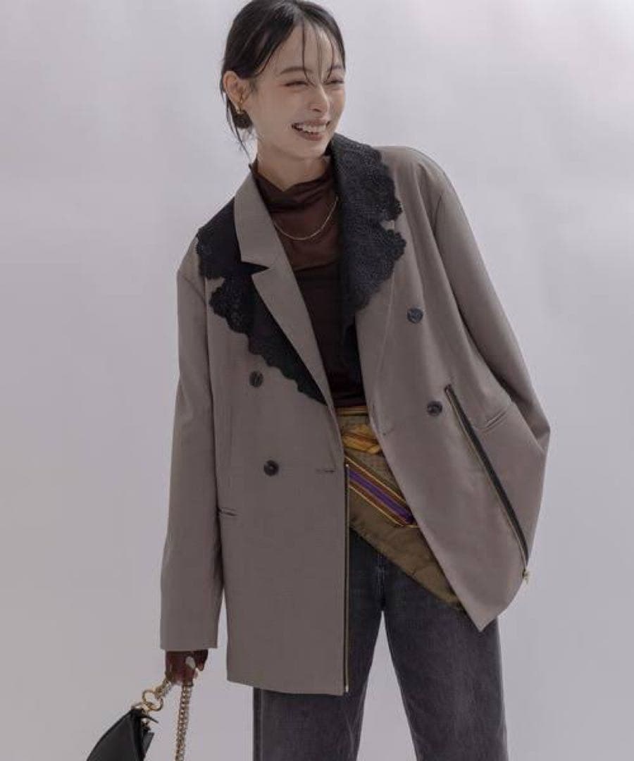 新品　今季　新作　Eimee Lawレースカラー ジップ ダブルジャケット　モカ