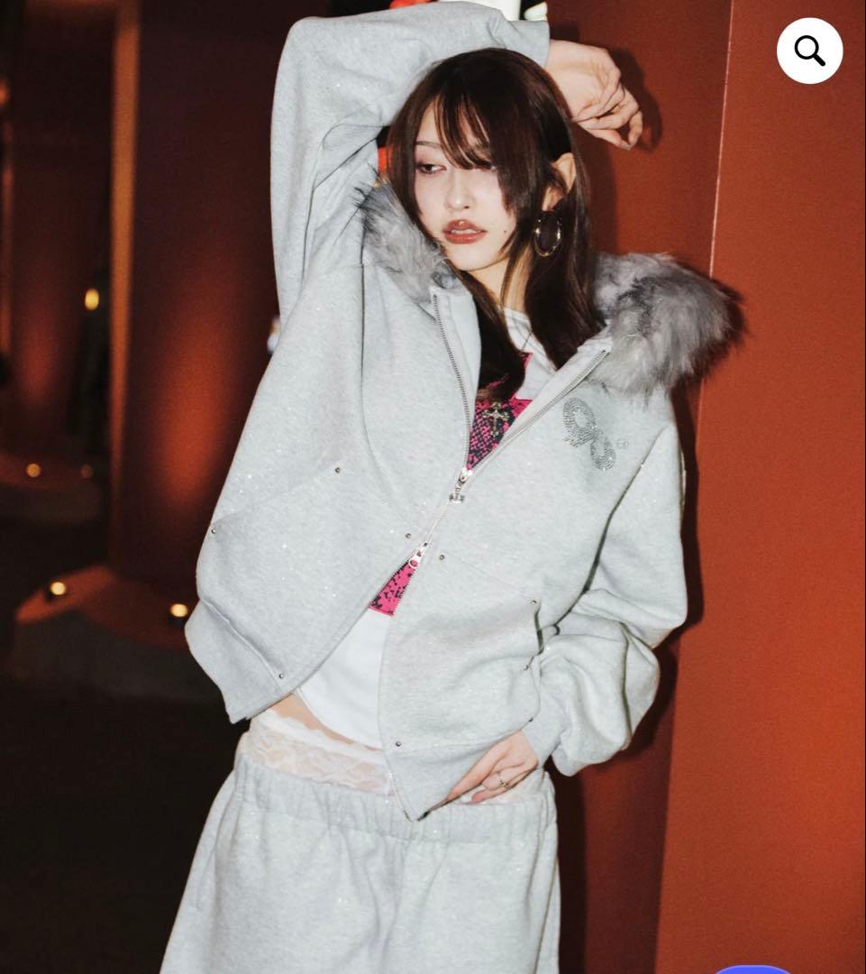 9090girlグレー ラメジップアップパーカーL