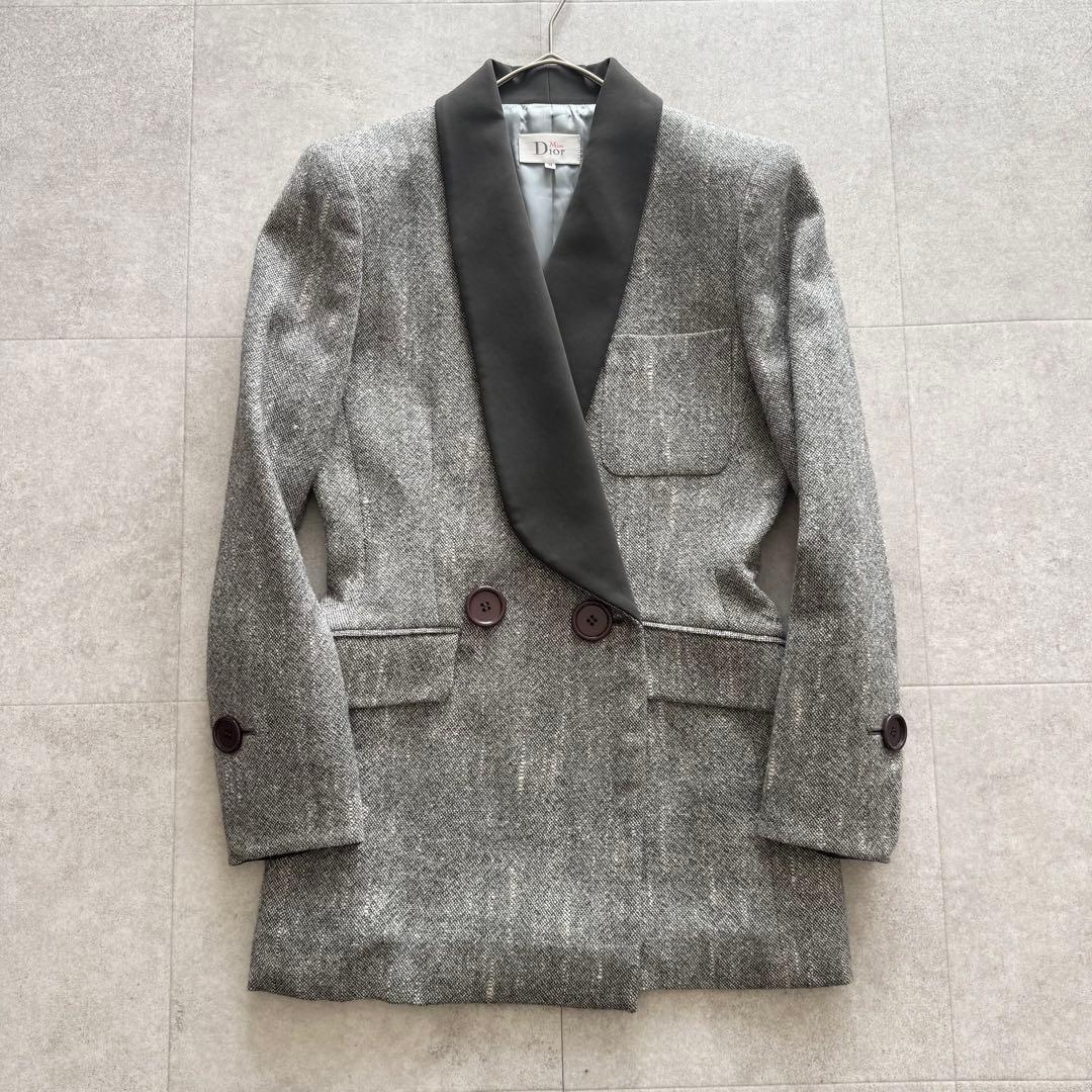 ミスディオール　テーラードジャケット　ダブル　ウールシルク混　ツイード　グレー