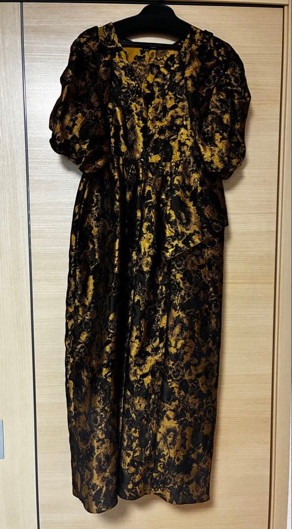 ANDRESDバブルスリーブジャガードドレス ブロンズ