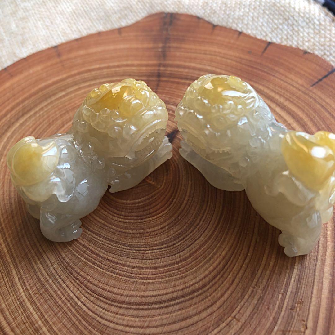 本翡翠　翡翠　獅子　希少　A貨　日本鑑定書付　天然石　魔除け　厄除け　ペア