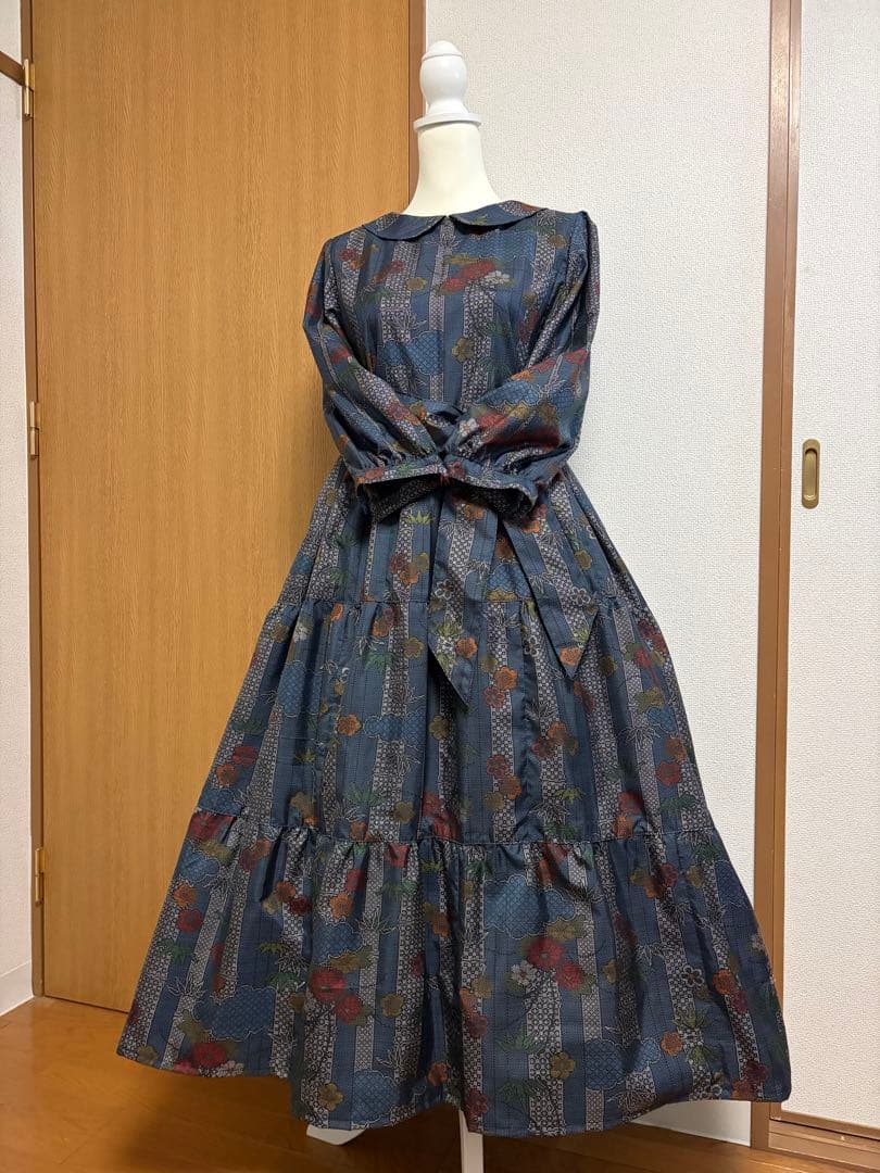 着物リメイク♪ 大島紬　3段ティアード　ワンピース　MーL 総裏地付き　♪