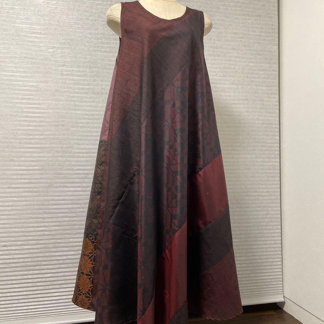 着物ワンピーステントラインマキシ丈《11》大島紬や紬等(7マルキ含)M〜L