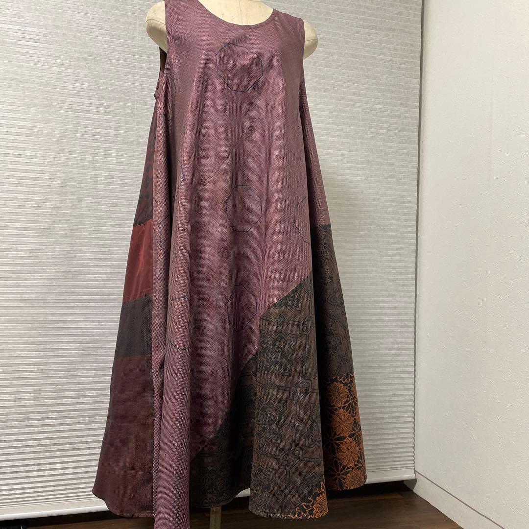 着物ワンピーステントラインマキシ丈《11》大島紬や紬等(7マルキ含)M〜L
