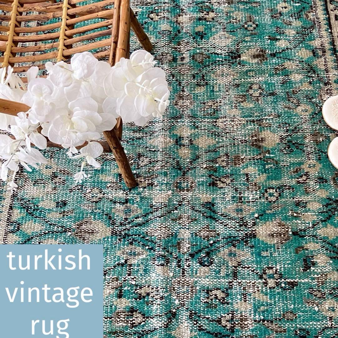 スカイブルー✳︎91×192✳︎ペールグレー　満載フラワー　トルコヴィンテージラグ