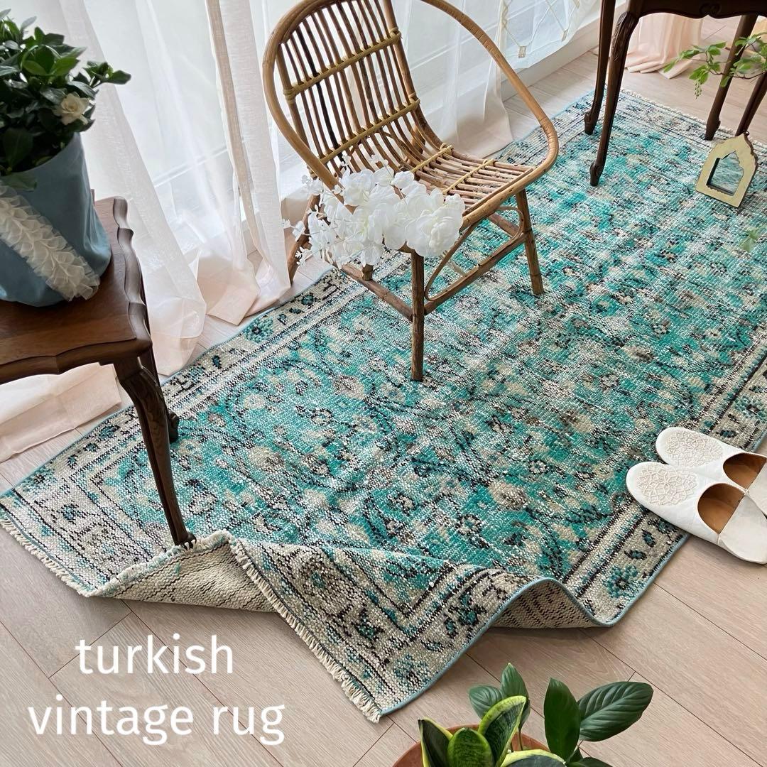 スカイブルー✳︎91×192✳︎ペールグレー　満載フラワー　トルコヴィンテージラグ