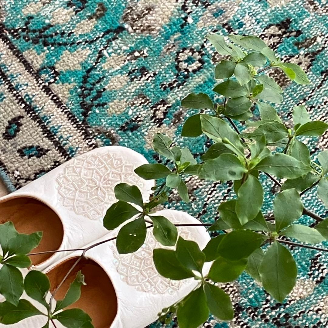 スカイブルー✳︎91×192✳︎ペールグレー　満載フラワー　トルコヴィンテージラグ