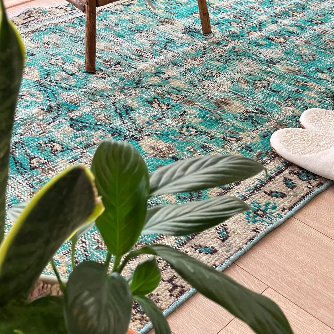 スカイブルー✳︎91×192✳︎ペールグレー　満載フラワー　トルコヴィンテージラグ