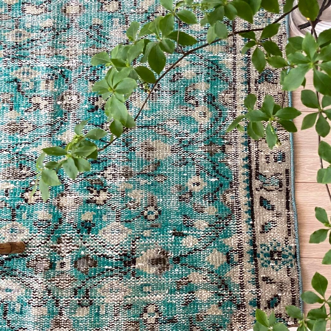 スカイブルー✳︎91×192✳︎ペールグレー　満載フラワー　トルコヴィンテージラグ