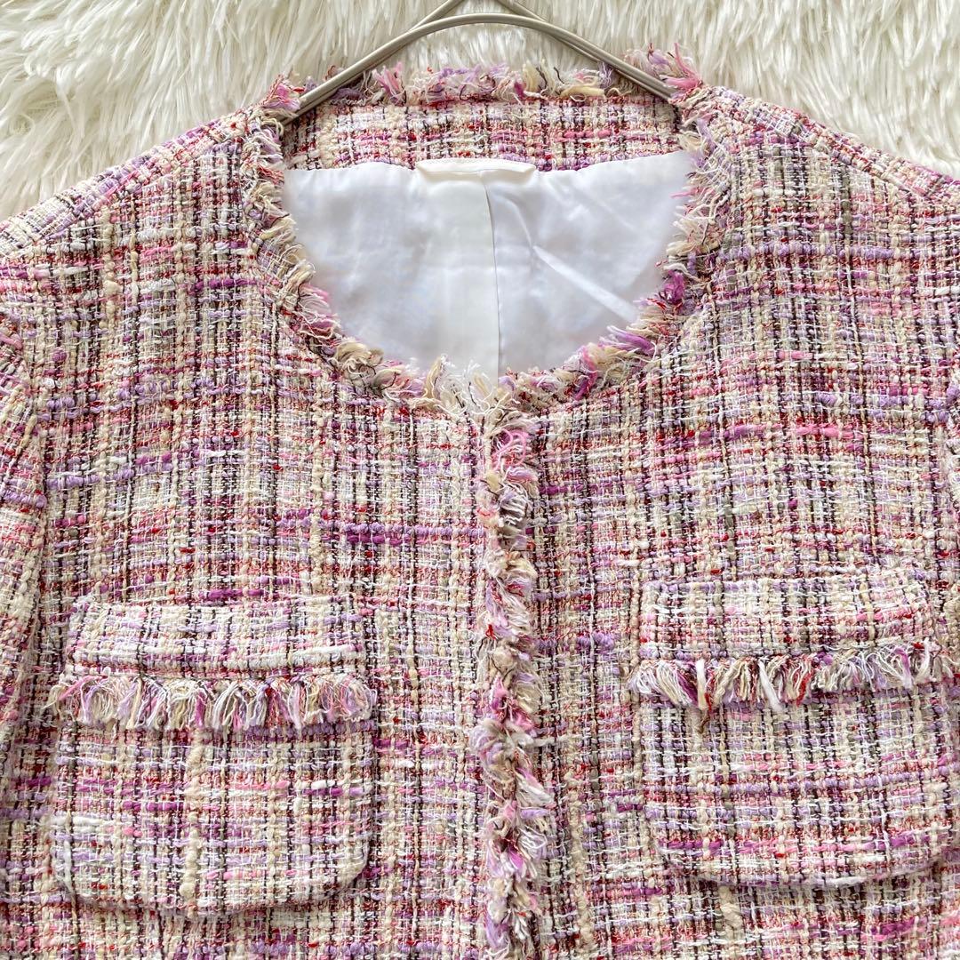 アナイ ツイード ノーカラー ジャケット ピンク 38 フロントホック