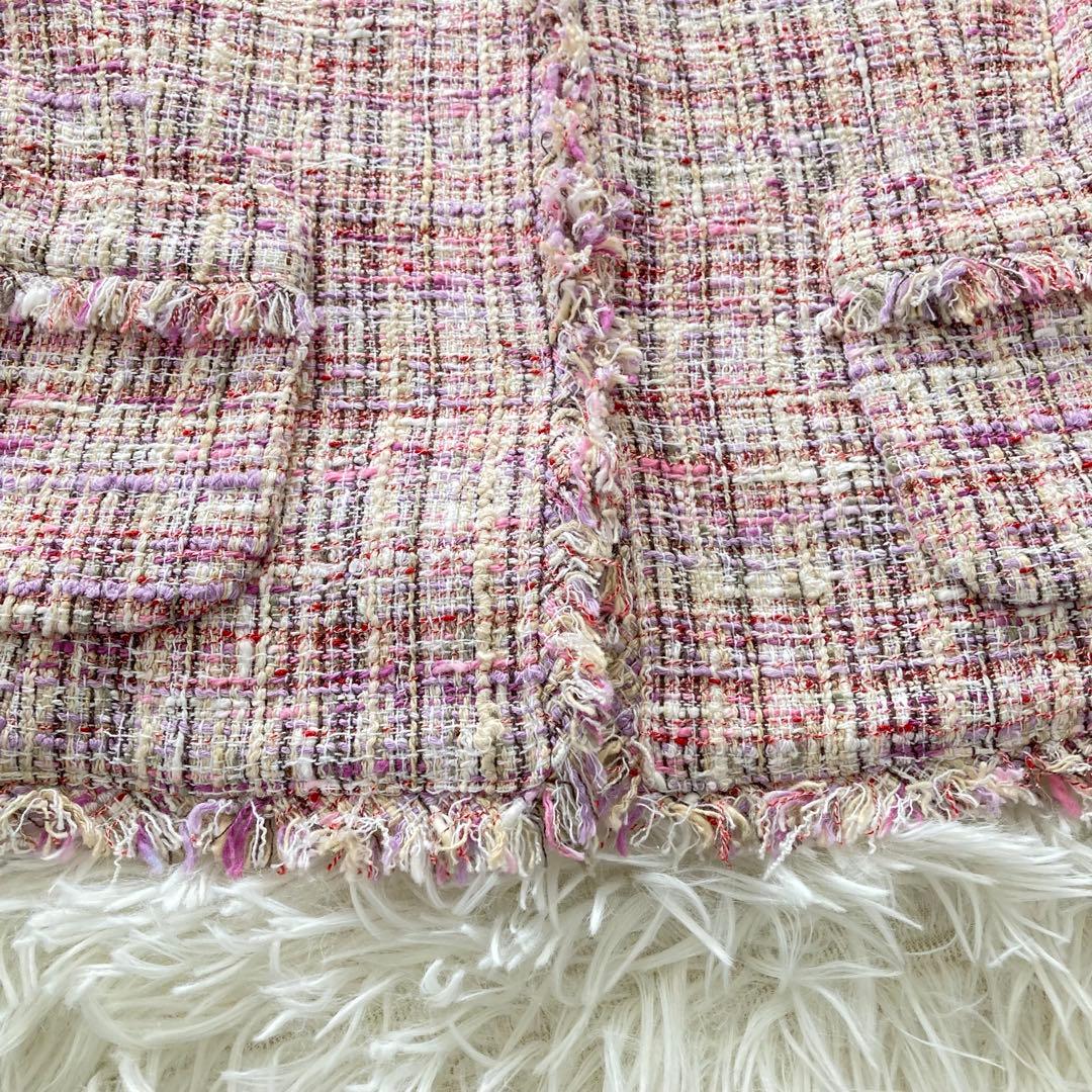 アナイ ツイード ノーカラー ジャケット ピンク 38 フロントホック