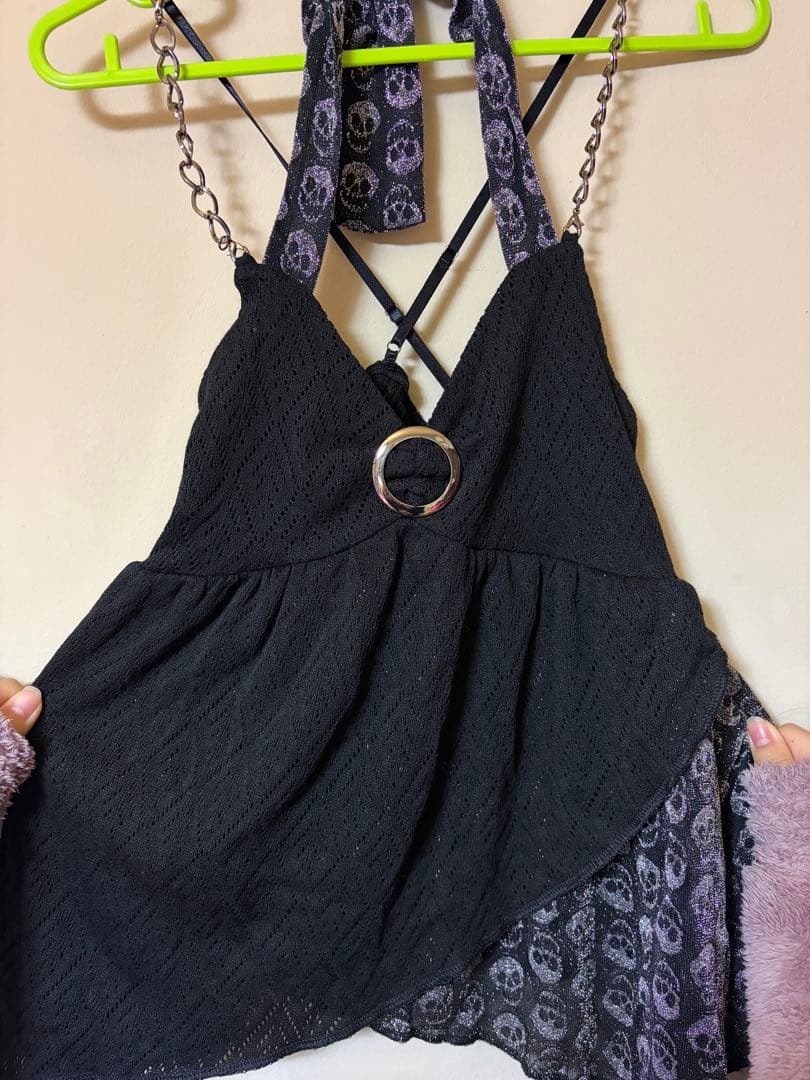 新品タグ付 d.i.a. 超希少スカルレース×ラメアシメ×ホルターチュニック 黒