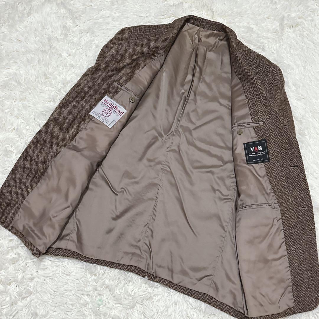 ハリスツイード VAN　テーラードジャケット　ヘリンボーン　ブラウン　L
