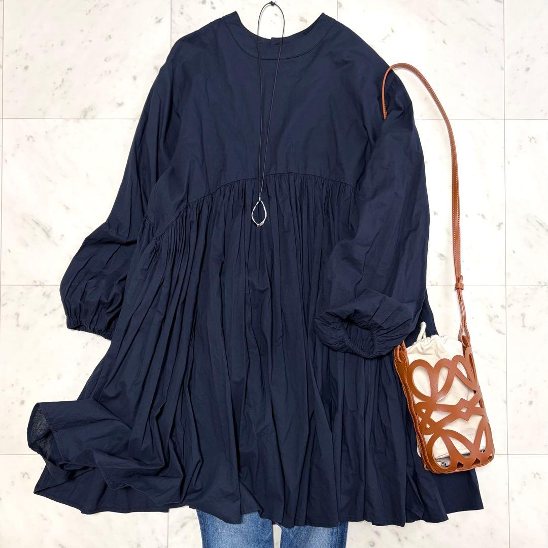 美品 ビアズリー ギャザーチュニック ブラウス ネイビー 2way
