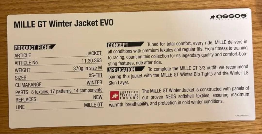 ASSOS MILLE GT 3/3 JACKET EVO Mサイズ