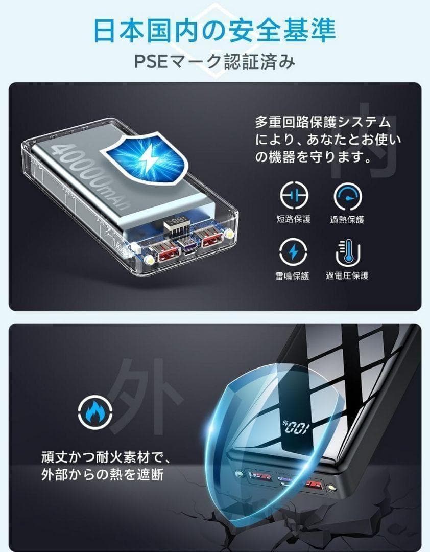 モバイルバッテリー 40000mAh大容量 3台同時充電　スマホ充電器　ブラック