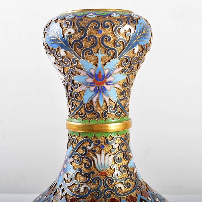 ZZ　中国　古七宝琺瑯彩　花文瓶　唐木台付　M　R5656