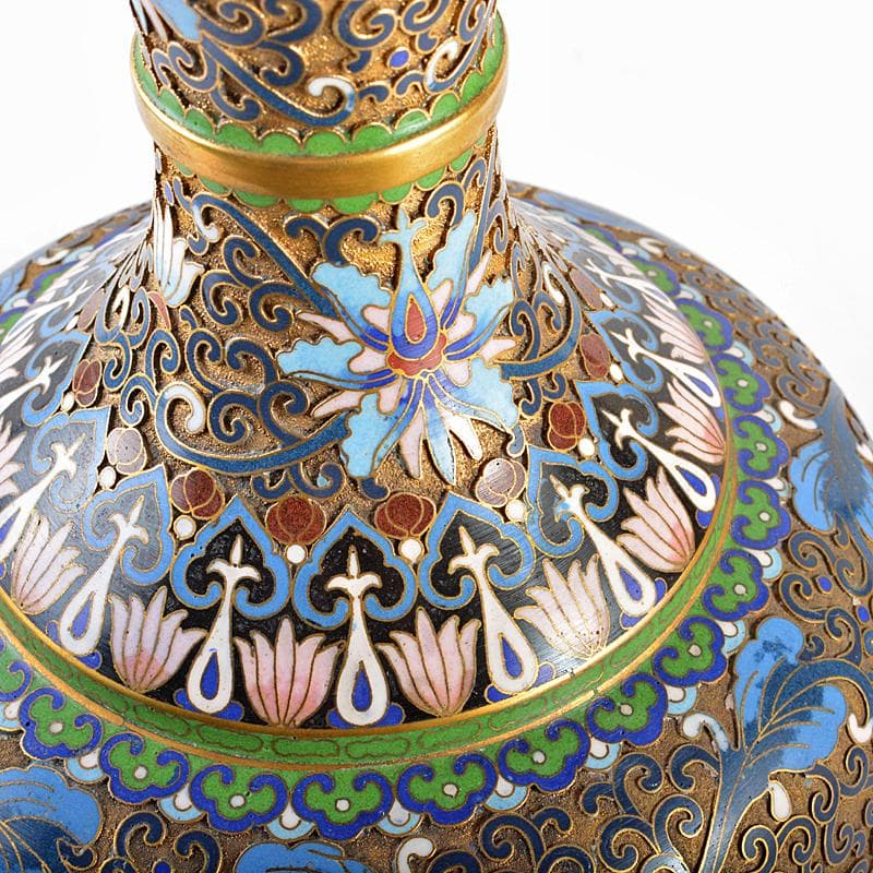 ZZ　中国　古七宝琺瑯彩　花文瓶　唐木台付　M　R5656