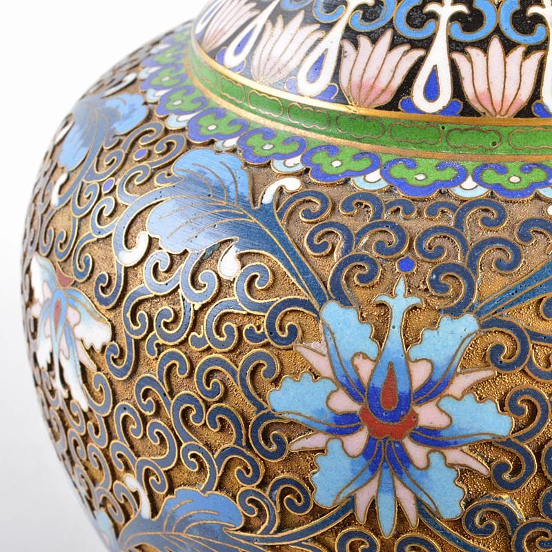 ZZ　中国　古七宝琺瑯彩　花文瓶　唐木台付　M　R5656