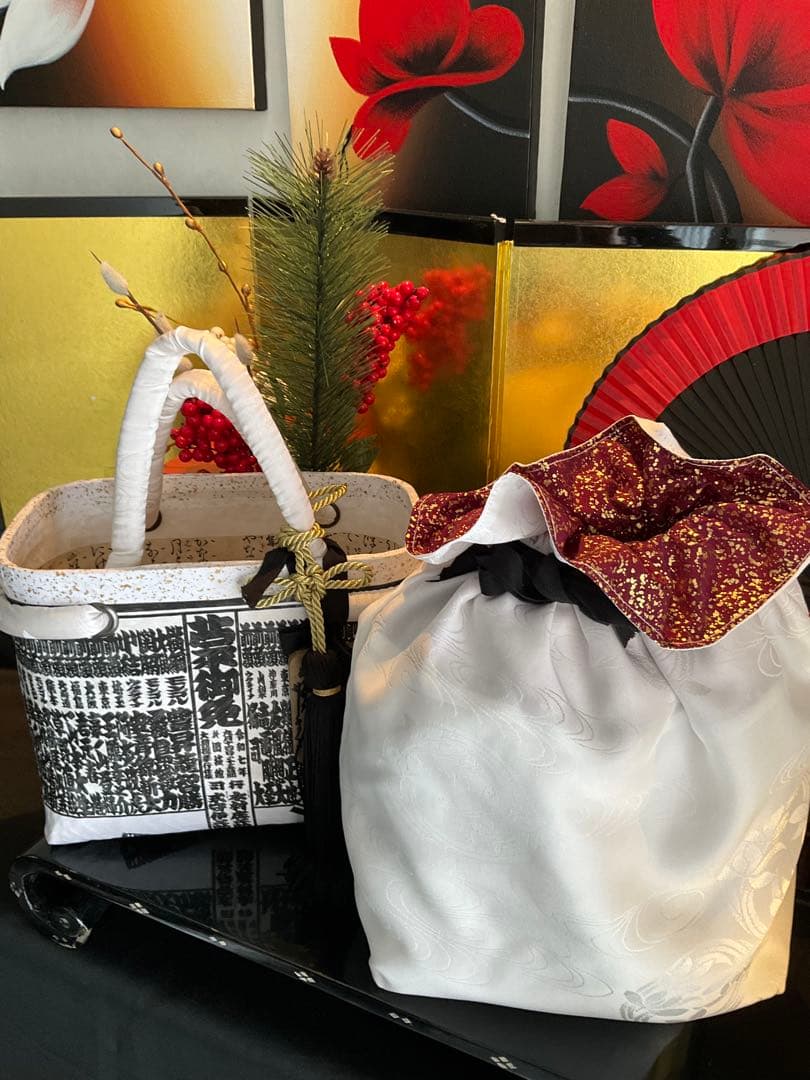 一閑張り　大相撲　相撲番付表　和風　黒白文様　かごバッグ