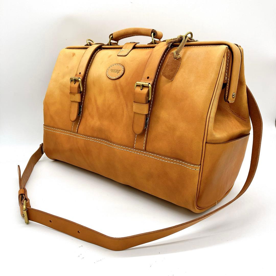 【HERZ】2wayバッグ　ボストンバッグ　口枠　レザー　キャメル