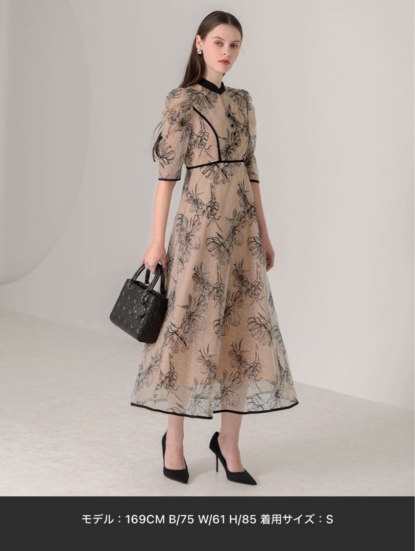 LEJA 配色パイピングプチハイネック花柄刺繍ラメレース　ドレス