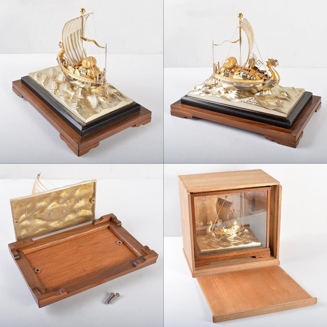 銀製　宝船　置物　ガラスケース　時代箱付　F　R5380B
