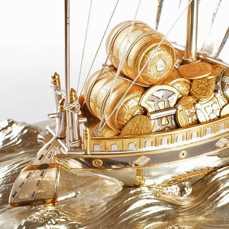 銀製　宝船　置物　ガラスケース　時代箱付　F　R5380B