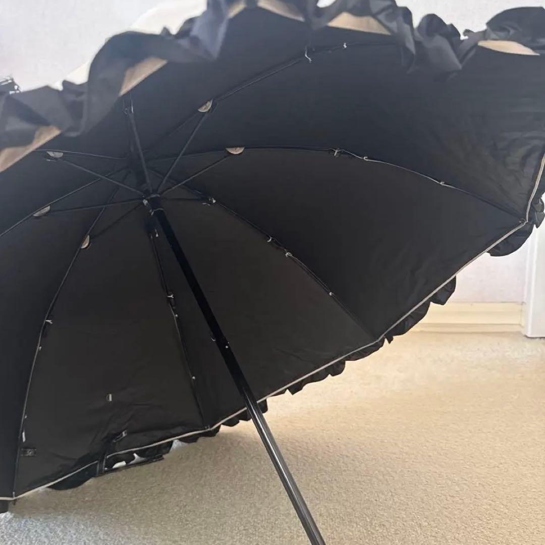 美品芦屋ロサブランベージュ×ブラック フリル付き2段折りたたみ傘