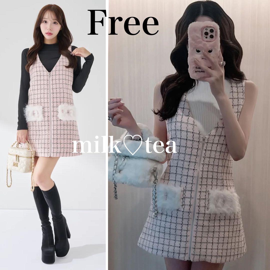 新品タグ付 ダーリッチ フロントファスナーツイードミニワンピース ピンク フリー