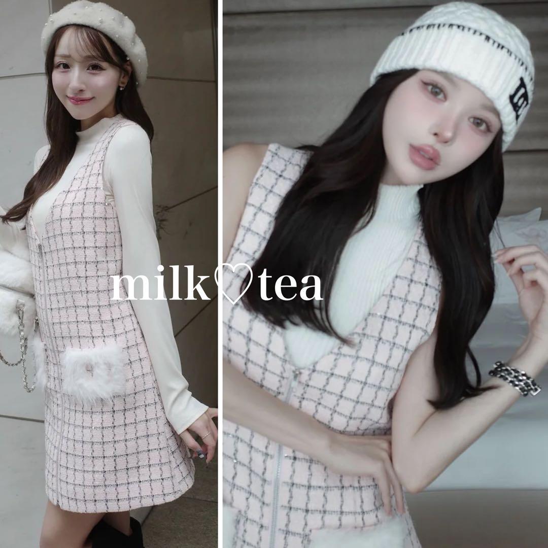 新品タグ付 ダーリッチ フロントファスナーツイードミニワンピース ピンク フリー