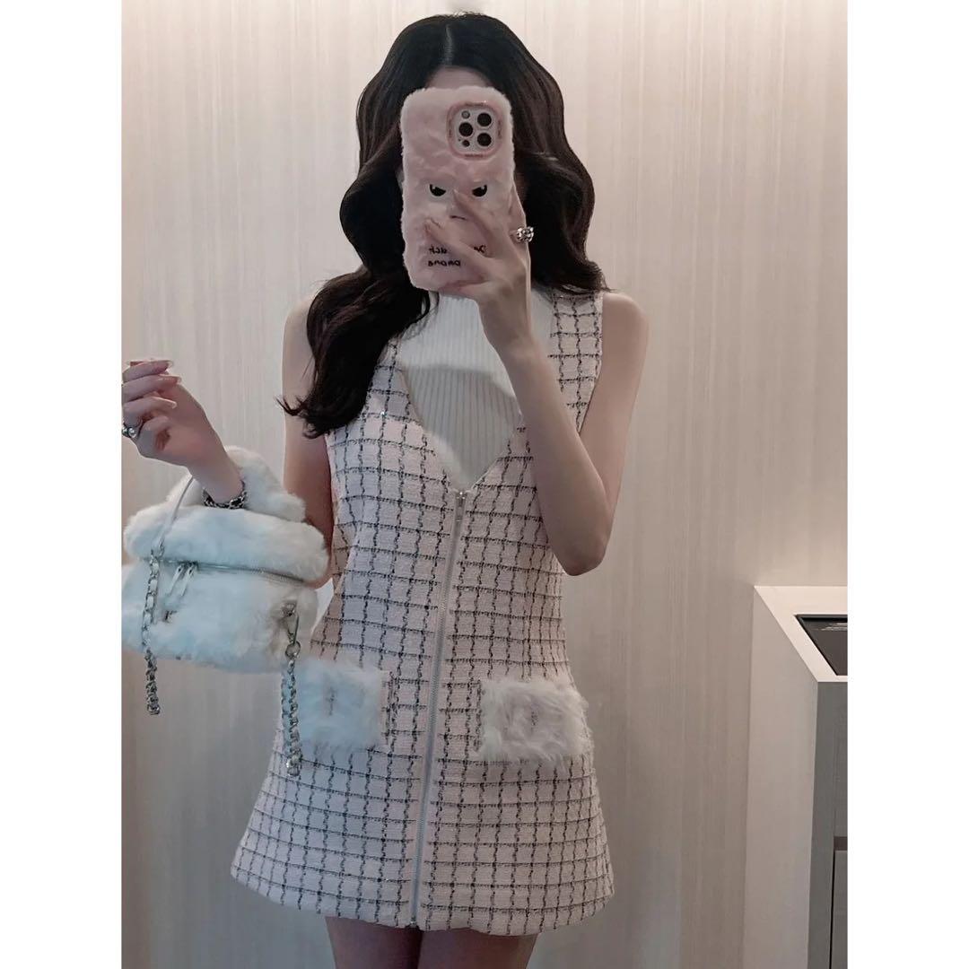 新品タグ付 ダーリッチ フロントファスナーツイードミニワンピース ピンク フリー