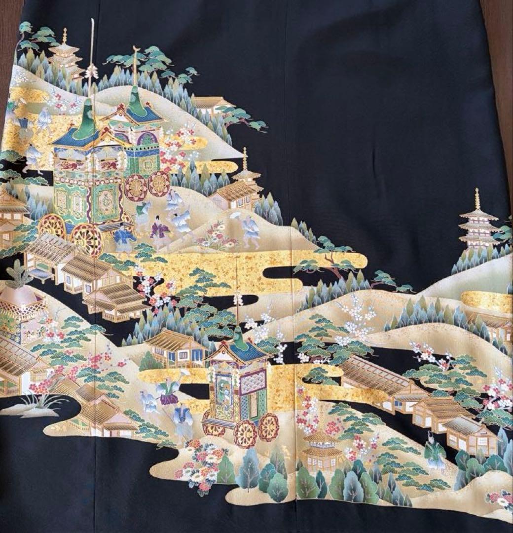 着物リメイク　黒留袖　ロングワンピース　　ゴールド　山車　作家物