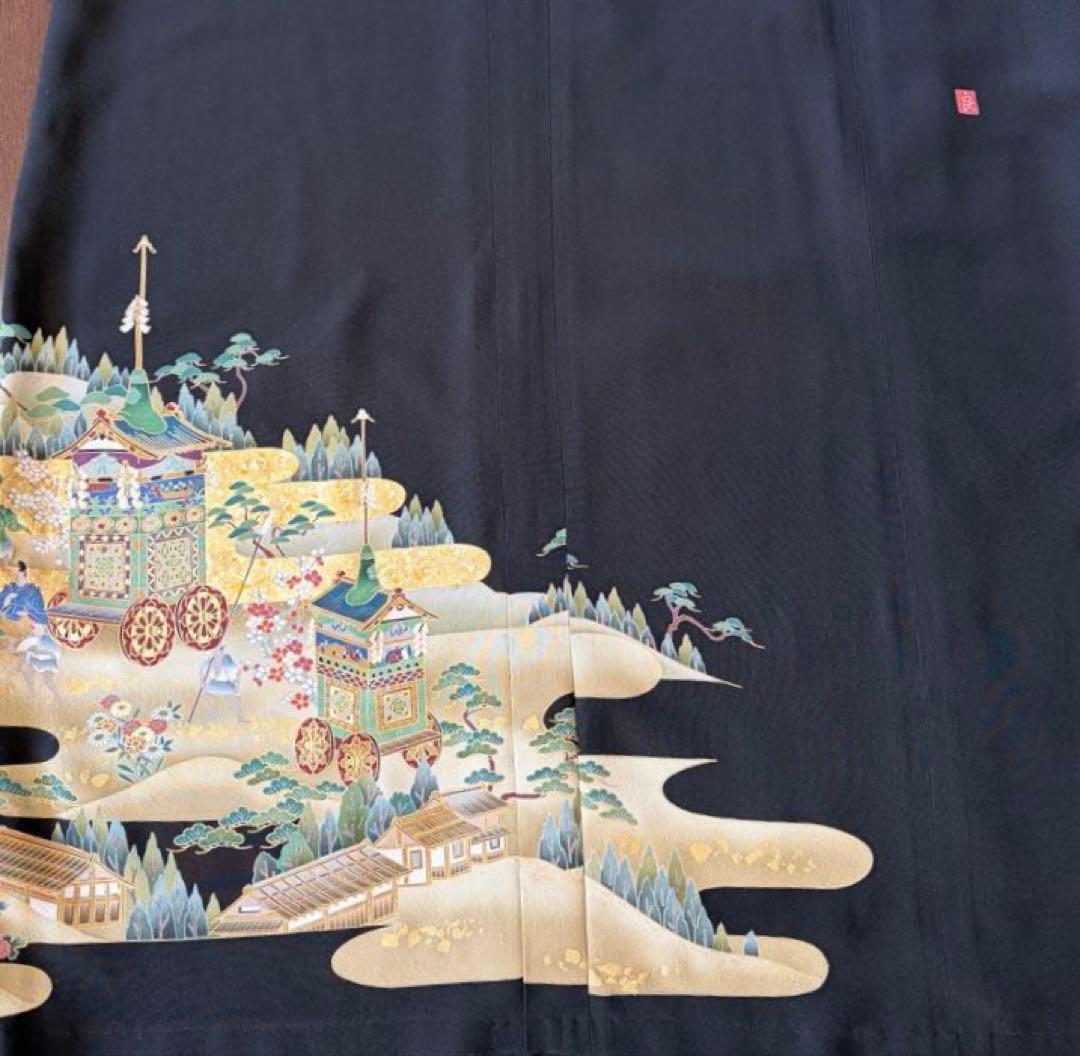 着物リメイク　黒留袖　ロングワンピース　　ゴールド　山車　作家物
