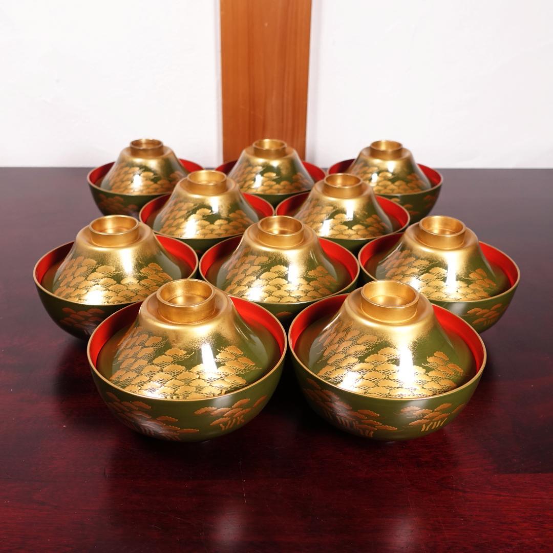 江戸時代後期の蒔絵師 橘屋浅野友七 一富士二鷹三茄子図 蒔絵 吸物椀 10客