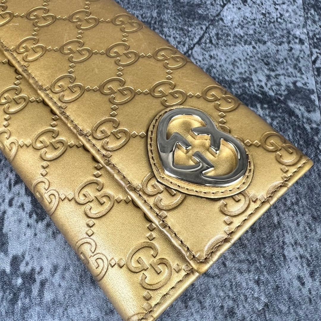 GUCCI ラブリーハート GG柄 レザー 長財布 ゴールド