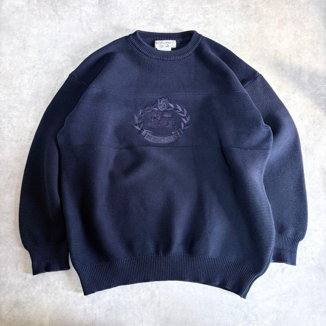 Burberrys 英国製 クレスト刺繍 ホースロゴ コットンニット ネイビー