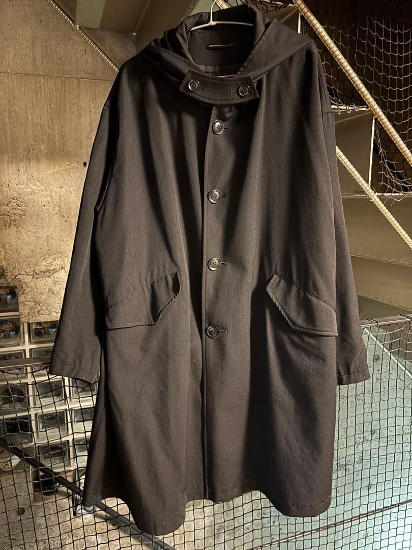 Y's ブラックフード付きロングモッズコート　ウールギャバ　ウールギャバジン